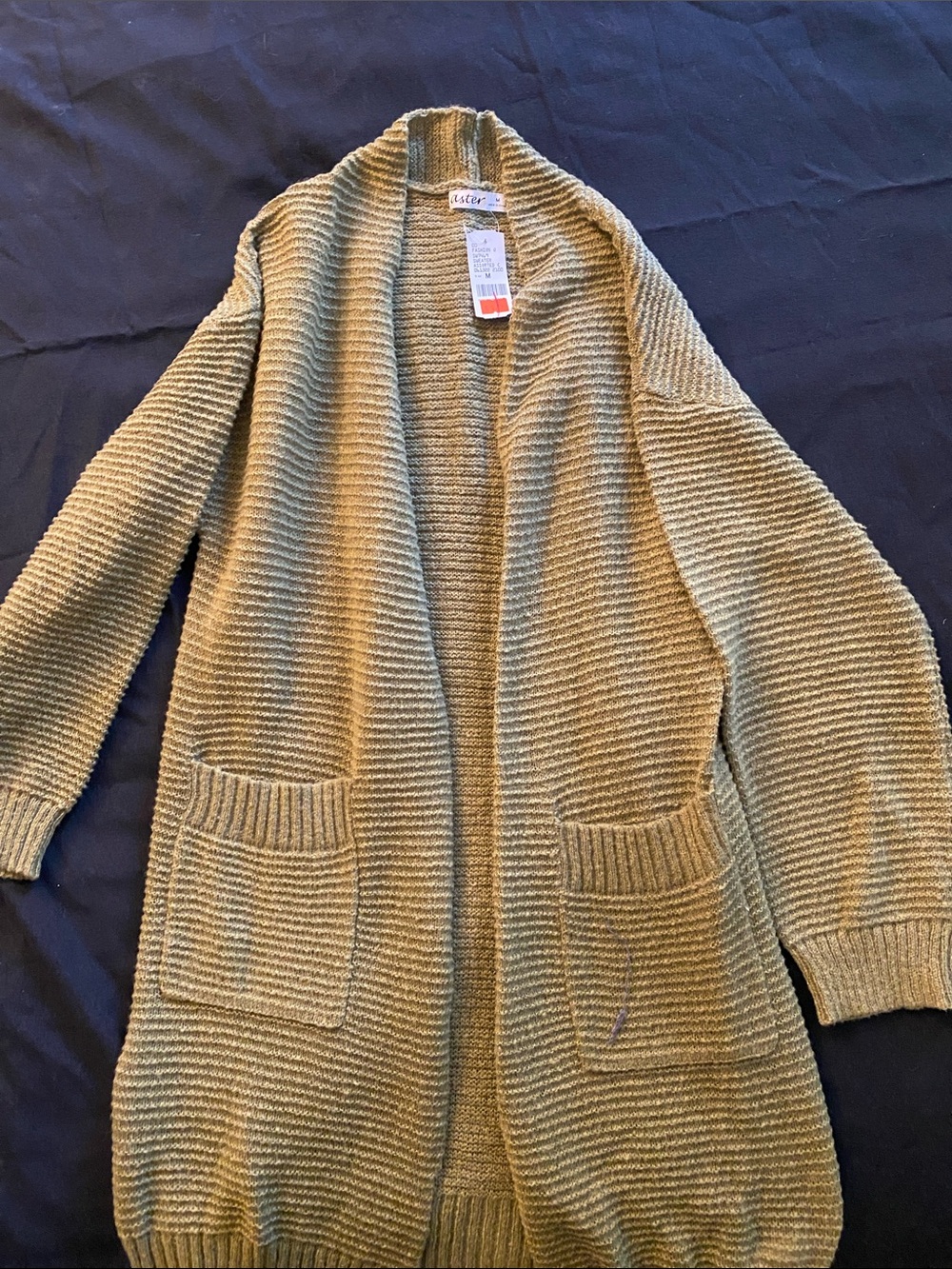 Olive Ribbed Open-Front Cardigan with Pockets